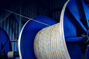 Production of copper wire, cable in reels at factory. Cable factory